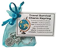 Travel Survival Charm KEYRING with St Christopher charm. Handmade good luck gift for traveller, travel gift, good luck on your travels. - 