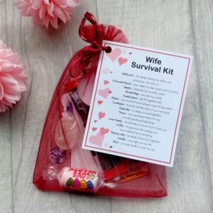 Wife Survival Kit in an organza bag with a laminated label, a fun and thoughtful novelty gift for wives for birthdays, anniversaries or Christmas