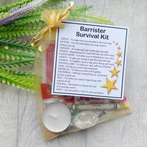 Barrister Survival Kit in an organza bag with laminated label, a novelty gift for a barrister, law student or legal colleague