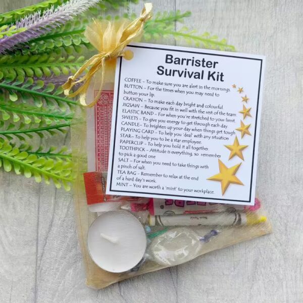 Barrister Survival Kit in an organza bag with laminated label, a novelty gift for a barrister, law student or legal colleague