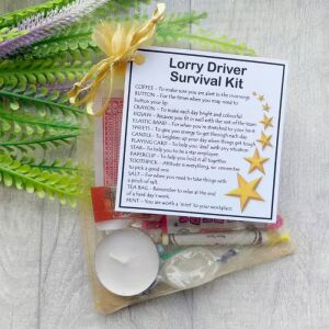 Lorry Driver Survival Kit in an organza bag with a laminated label, a novelty gift idea for lorry drivers, ideal for secret santa, birthdays and Christmas