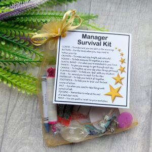 Manager Survival Kit in an organza bag with a laminated label, a novelty gift for managers suitable for new jobs, promotions, birthdays and secret santa