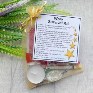 Work Survival Kit in an organza bag with a laminated label, a fun novelty gift for a colleague for new jobs, secret santa or a simple thank you