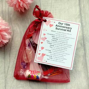 15th Anniversary Survival Kit Gift in organza bag with laminated label - novelty present for couples celebrating 15 years together