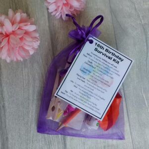 16th Birthday Survival Kit Gift - Purple organza bag with laminated label for Sweet Sixteen celebration