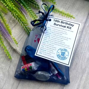 18th Birthday Survival Kit Gift in dark blue organza bag with laminated label