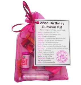 22nd Birthday Gift in hot pink organza bag with laminated label showing symbolic items