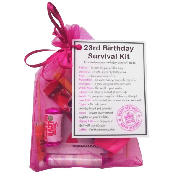 23rd birthday gift in hot pink organza bag with laminated survival kit label