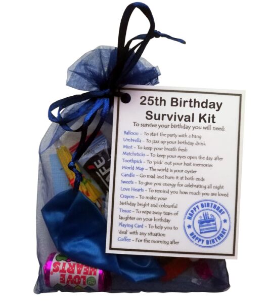 25th Birthday Gift in dark blue organza bag with laminated survival kit label