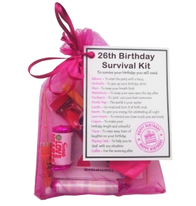 26th birthday gift in hot pink organza bag with laminated label explaining each survival kit item