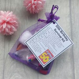 50th Birthday Survival Kit in organza bag with laminated label, funny milestone birthday gift for her or him