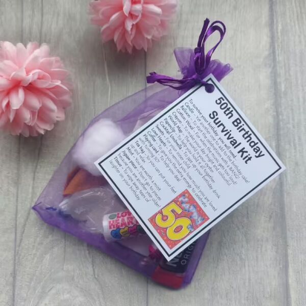 50th Birthday Survival Kit in organza bag with laminated label, funny milestone birthday gift for her or him
