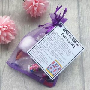 60th Birthday Survival Kit Gift - novelty present in organza bag with laminated label
