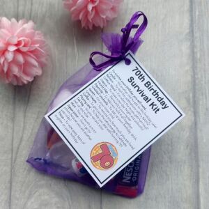 70th Birthday Survival Kit Gift in organza bag with laminated label