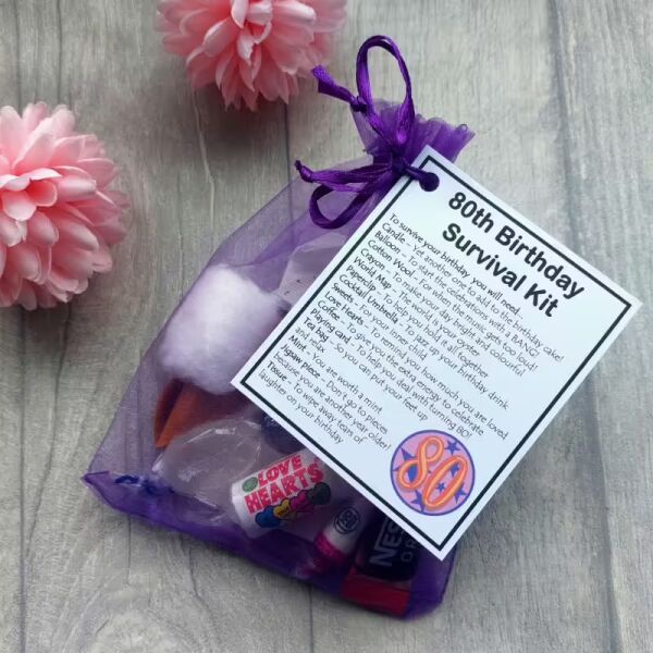 80th Birthday Survival Kit with organza bag and laminated label