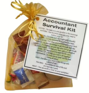 Accountant's Survival Kit in organza bag with laminated label showing each item and its meaning