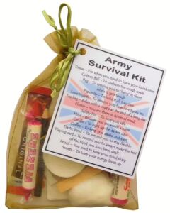 Military novelty survival kit gift in organza bag with laminated label for army, navy, RAF or armed forces personnel