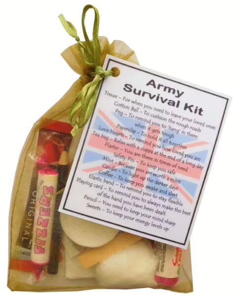 Military novelty survival kit gift in organza bag with laminated label for army, navy, RAF or armed forces personnel
