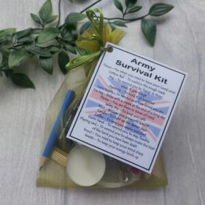 Army Wife Survival Kit in Army Green organza bag with laminated label - novelty gift for military wives