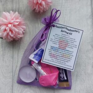 Assistant Headteacher Survival Kit Gift in organza bag with laminated label explaining each symbolic item
