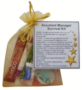 Assistant Manager Survival Kit Gift in organza bag with laminated label explaining survival items for new managers and promotions