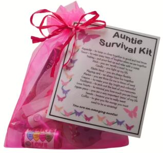 Auntie Survival Kit in pink organza bag with laminated label showing gift items and their meanings