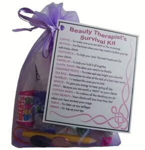 Beauty Therapist's Survival Kit in organza bag with laminated label explaining each survival item for beauticians
