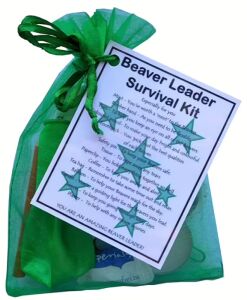 Beaver Leader Survival Kit Gift in organza bag with laminated label explaining each symbolic item included
