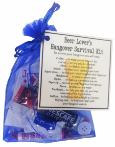 Beer lover's hangover survival kit in organza bag with humorous laminated label explaining each survival item