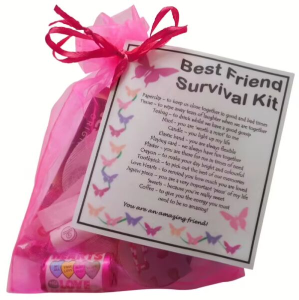 Best Friend Survival Kit Gift in pink organza bag with laminated label explaining each survival item