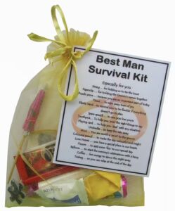 Best Man Survival Kit Gift - novelty wedding keepsake in organza bag with laminated label