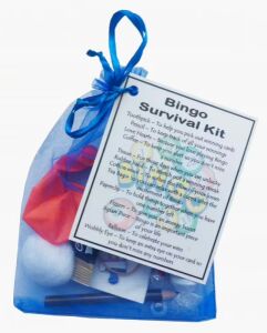 Bingo Survival Kit Gift in Royal Blue organza bag with laminated label