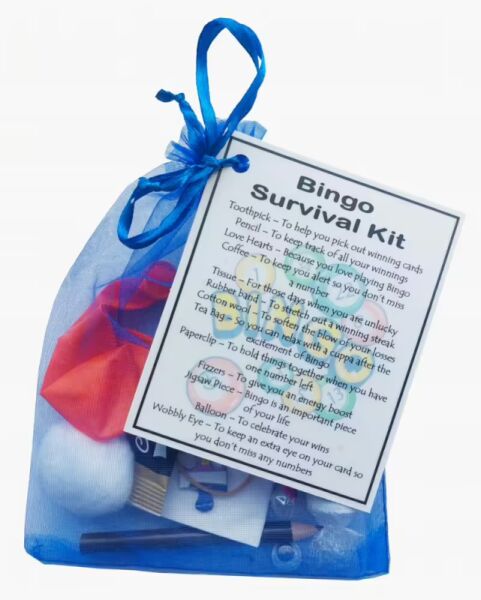 Bingo Survival Kit Gift in Royal Blue organza bag with laminated label