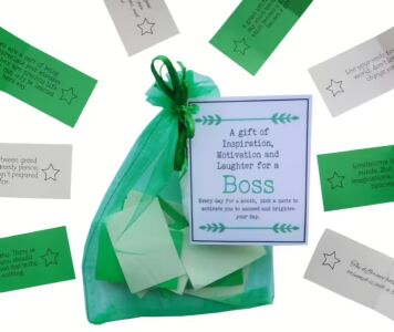 Handmade Boss Manager quotes bag with 31 inspirational and funny sayings, printed on coloured paper, hand-folded in organza bag with laminated label - work Secret Santa gift