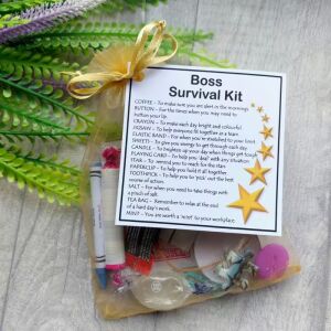 Boss Survival Kit Gift in organza bag with laminated label explaining each survival item