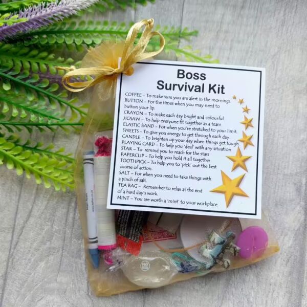 Boss Survival Kit Gift in organza bag with laminated label explaining each survival item