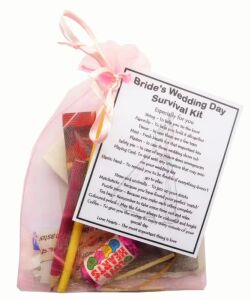 Bride's Wedding Survival Kit in pink organza bag with laminated label showing wedding day survival items and their meanings