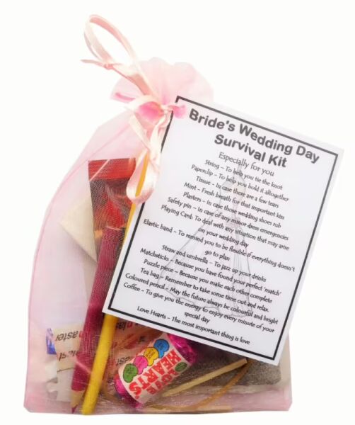 Bride's Wedding Survival Kit in pink organza bag with laminated label showing wedding day survival items and their meanings