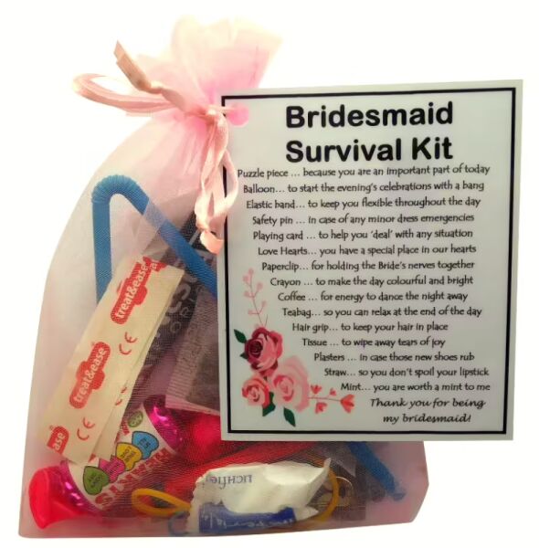 Bridesmaid Survival Kit Gift in pink organza bag with laminated label explaining each item