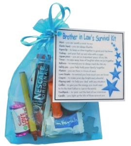 Brother in Law Survival Kit in blue organza bag with laminated label