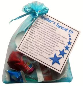Brother's Survival Kit Gift in blue organza bag with laminated label showing each item's meaning