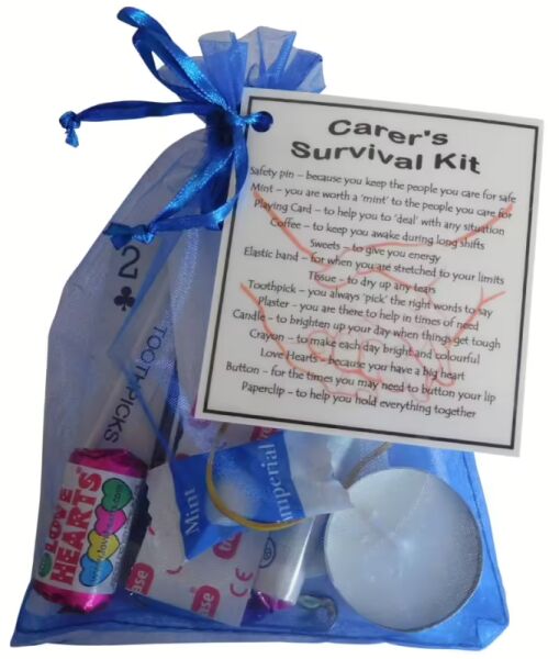 Carer's Survival Kit in organza bag with laminated label explaining each thoughtful item inside