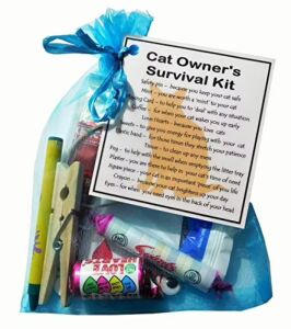 Cat Owner's Survival Kit - novelty gift containing humorous items with laminated labels in organza bag