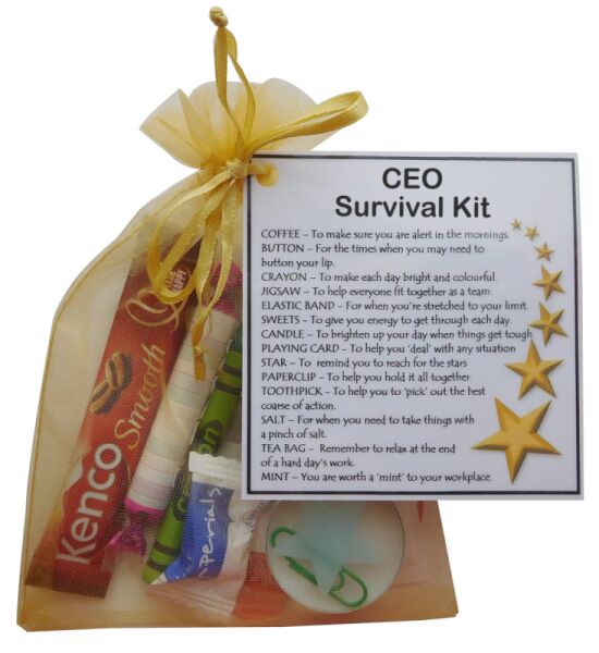CEO Survival Kit Gift in yellow organza bag with laminated label, approximately 13 by 18cm