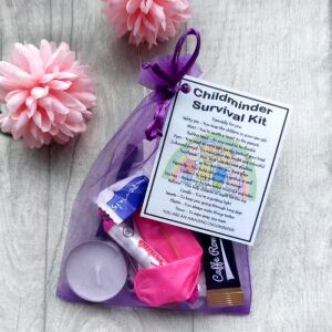 Childminder Survival Kit in organza bag with laminated label explaining each item's meaning