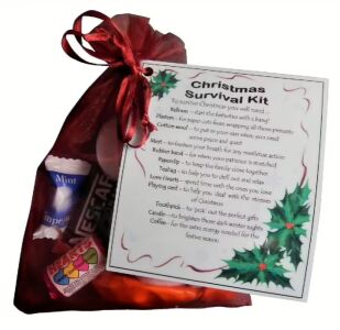 Christmas Survival Kit in red organza bag with laminated label explaining festive gift items