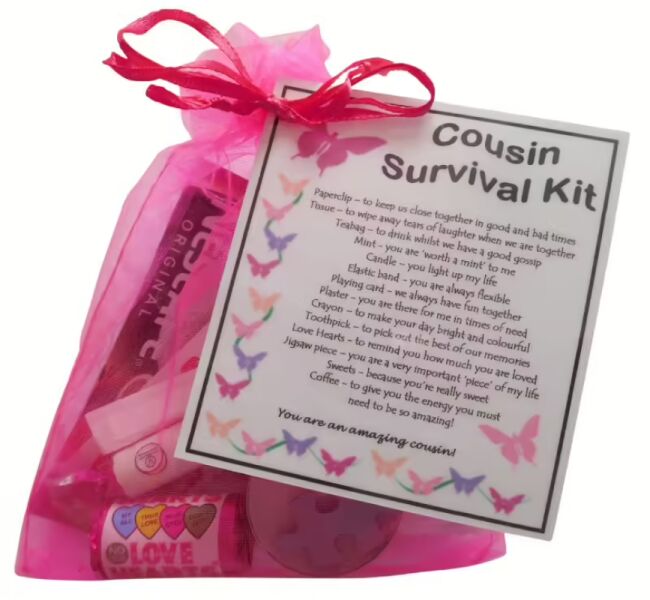 Pink organza novelty survival kit for female cousin with laminated label explaining each item's meaning