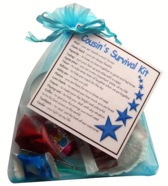 Cousin Survival Kit Gift for Him - Blue organza bag with laminated label