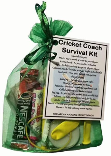 Cricket Coach Survival Kit Gift in organza bag with laminated label explaining each item