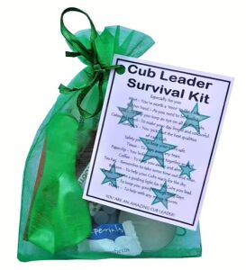 Handmade Cub Leader Survival Kit Gift in organza bag with laminated label explaining each item